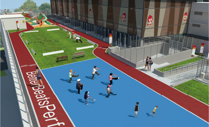 Render of people exercising at an SIP facility on the rooftop of a multi-storey car park